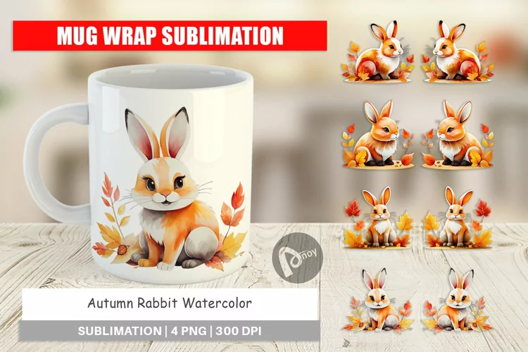 Mug Wrap Design Autumn Rabbit Watercolor