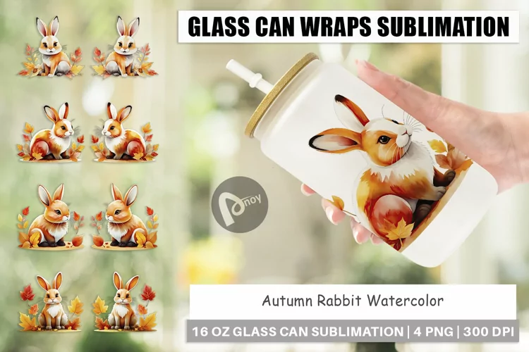 Glass Can Wraps Autumn Rabbit Watercolor