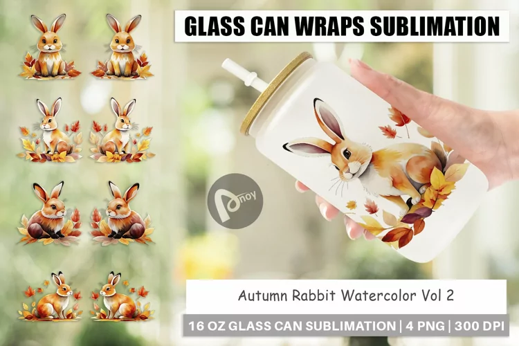 Glass Can Wraps Autumn Rabbit Watercolor
