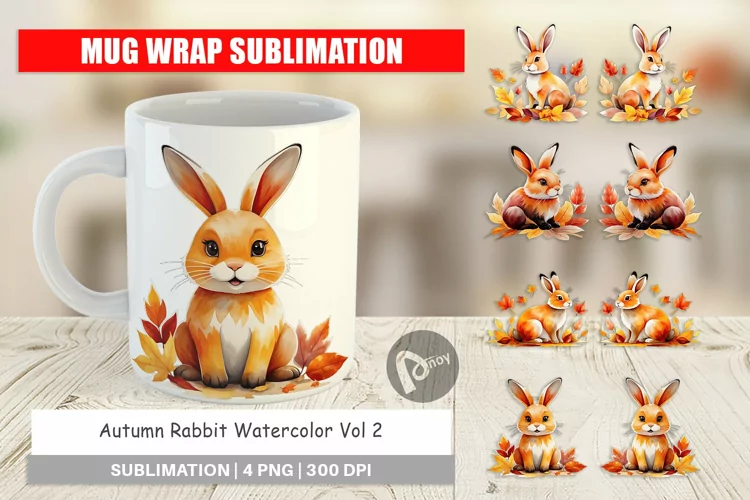 Mug Wrap Design Autumn Rabbit Watercolor
