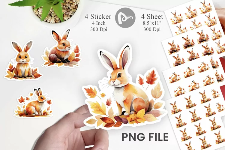 Autumn Rabbit Watercolor Sticker