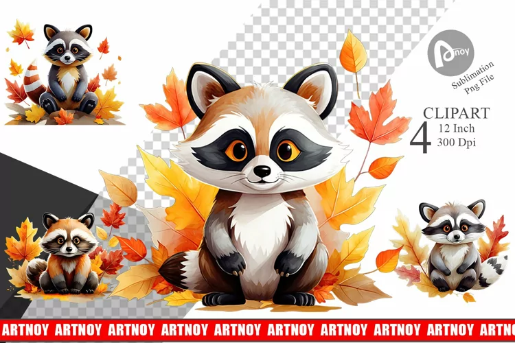 Autumn Raccoon Watercolor Clipart