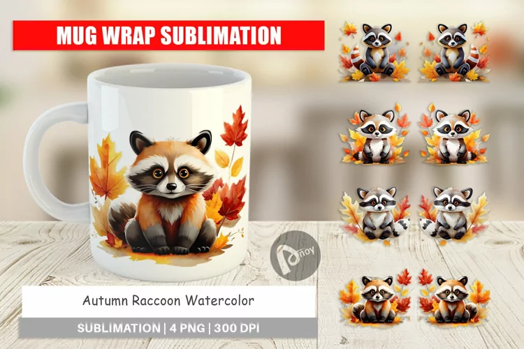 Mug Wrap Design Autumn Raccoon Watercolor