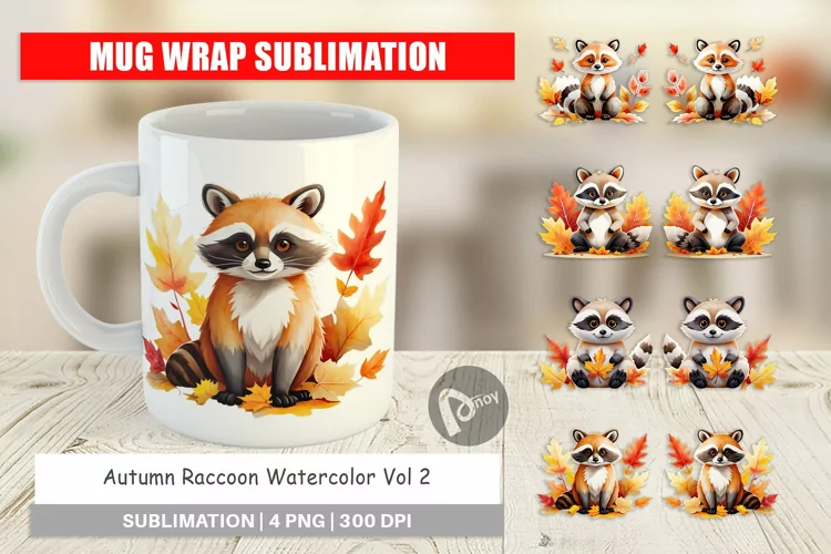 Mug Wrap Design Autumn Raccoon Watercolor