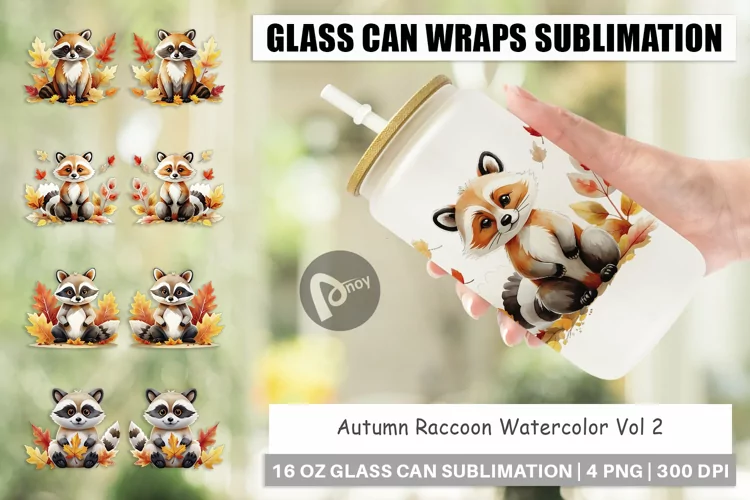 Glass Can Wraps Autumn Raccoon Watercolor