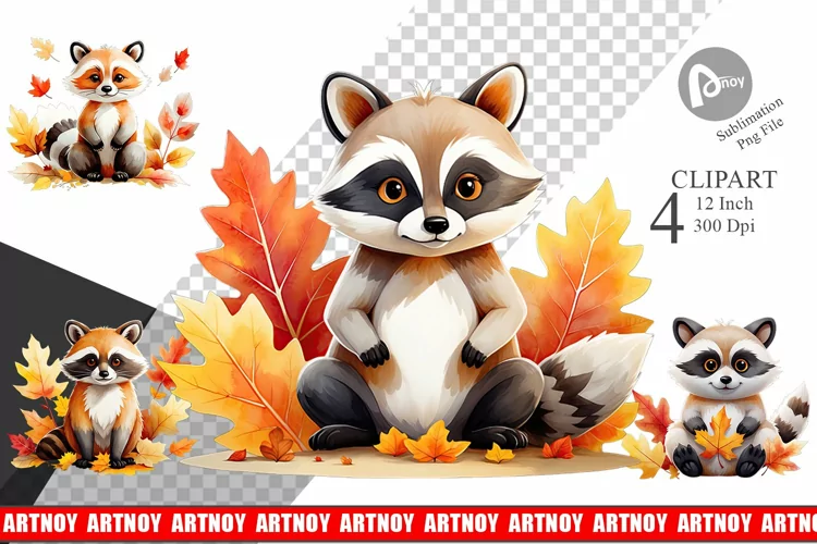 Autumn Raccoon Watercolor Clipart