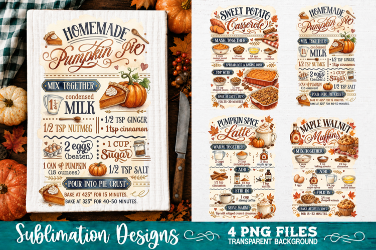 Autumn Kitchen Recipes Towels PNG Sublimation Designs 4 File