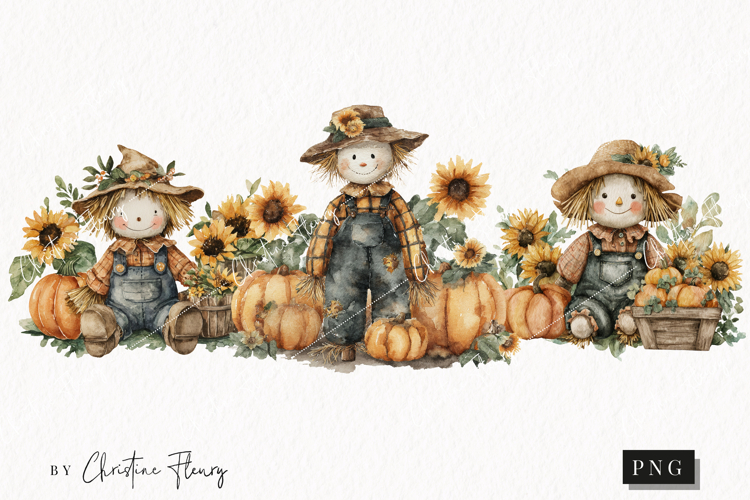 Watercolor Autumn Scarecrow Clipart | Fall Png