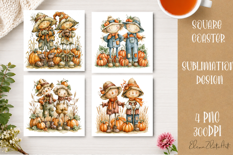Autumn Scarecrow Coaster PNG | Watercolor Fall Scarecrow