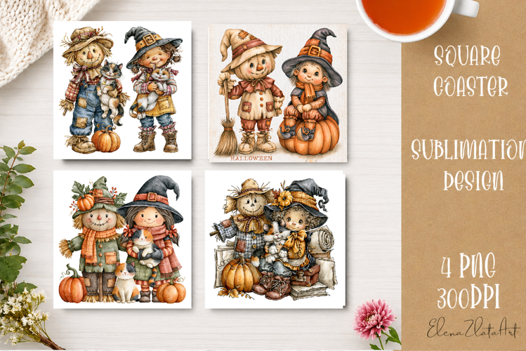 Autumn Scarecrow Coaster PNG | Watercolor Fall Scarecrow