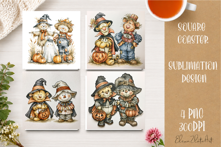 Autumn Scarecrow Coaster PNG | Watercolor Fall Scarecrow