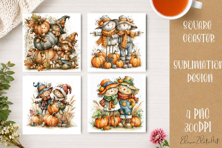 Autumn Scarecrow Coaster PNG | Watercolor Fall Scarecrow