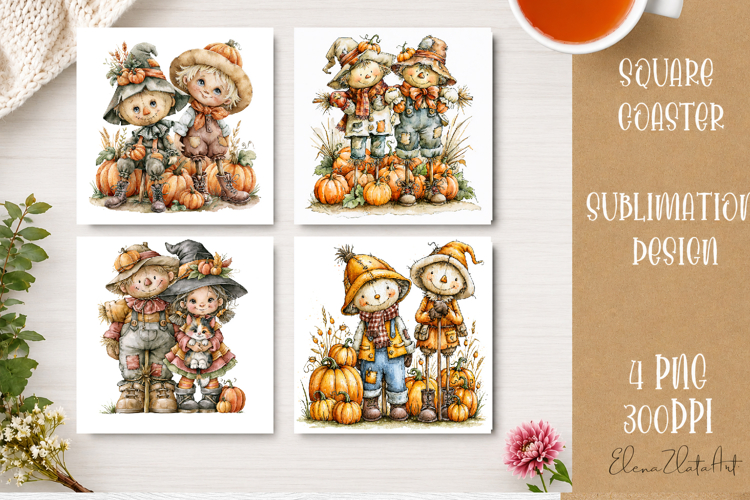 Autumn Scarecrow Coaster PNG | Watercolor Fall Scarecrow