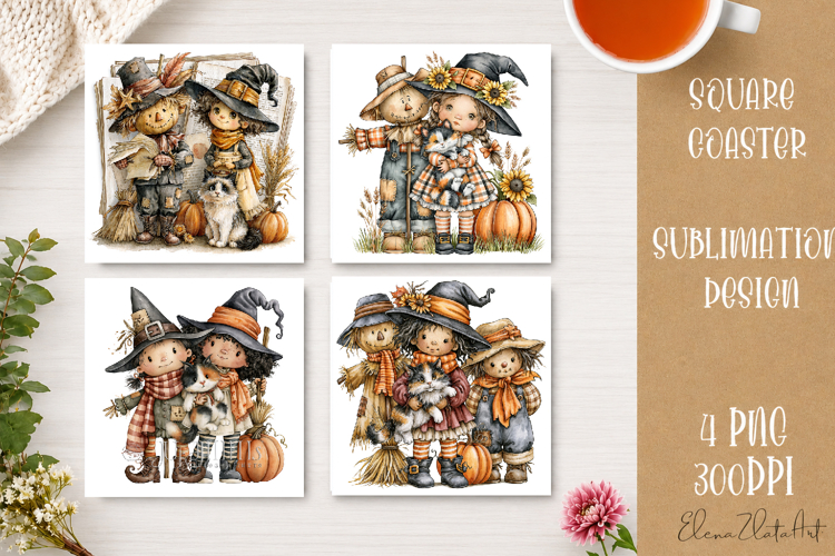 Autumn Scarecrow Coaster PNG | Watercolor Fall Scarecrow