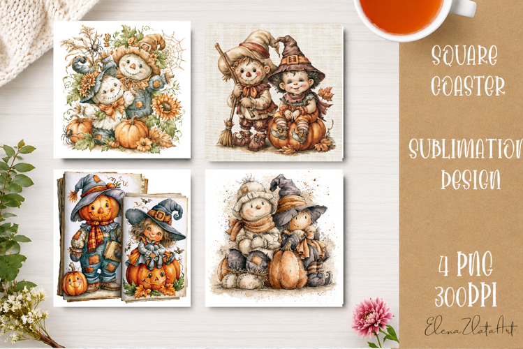 Autumn Scarecrow Coaster PNG | Watercolor Fall Scarecrow