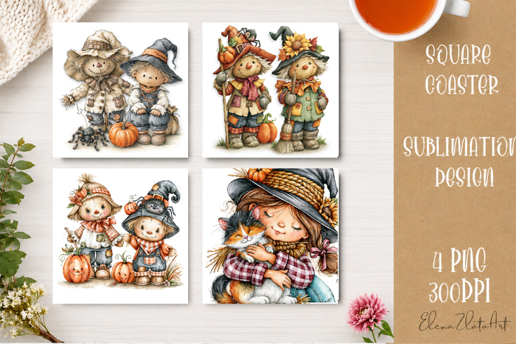 Autumn Scarecrow Coaster PNG | Watercolor Fall Scarecrow