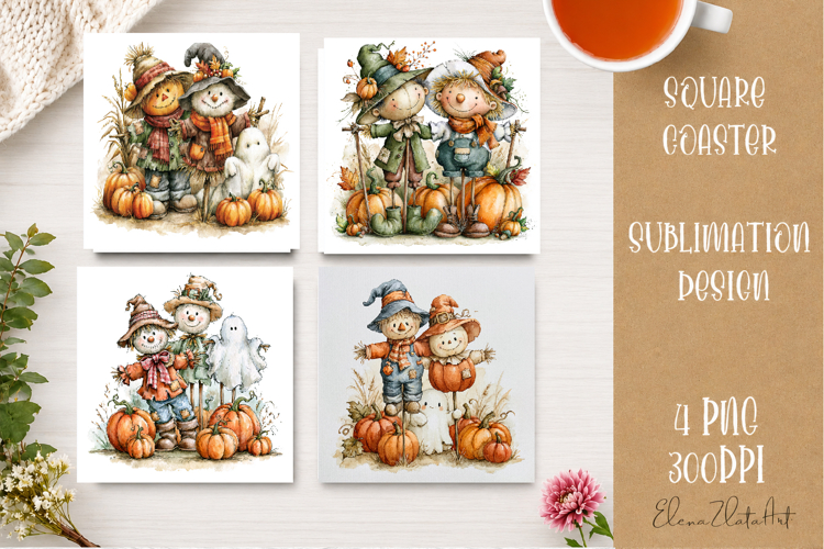 Autumn Scarecrow Coaster PNG | Watercolor Fall Scarecrow