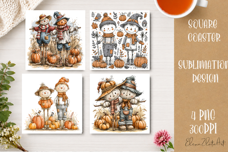 Autumn Scarecrow Coaster PNG | Watercolor Fall Scarecrow