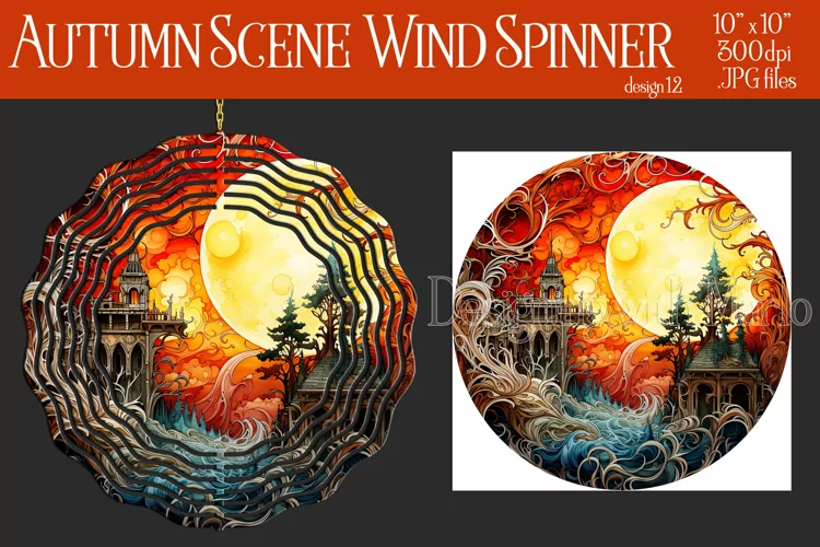 Autumn Scene Wind Spinner, Watercolor Fall Wind Spinnner,12