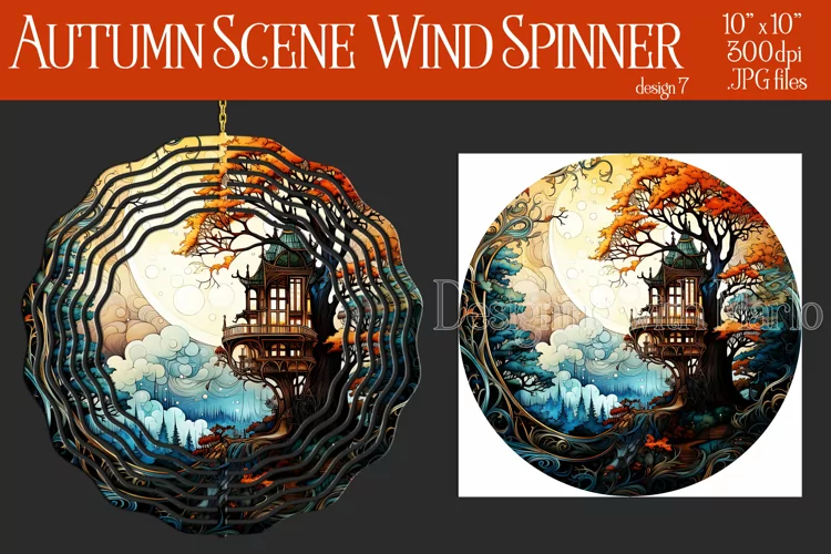 Autumn Scene Wind Spinner, Watercolor Fall Wind Spinnner, d7