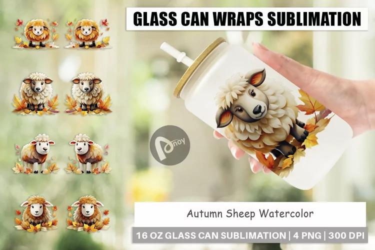 Glass Can Wraps Autumn Sheep Watercolor