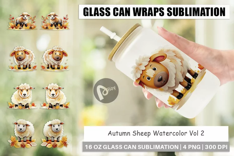 Glass Can Wraps Autumn Sheep Watercolor