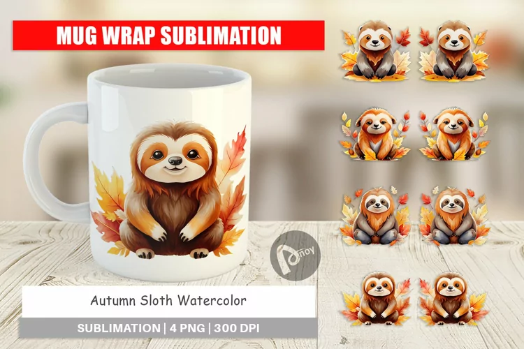 Mug Wrap Design Autumn Sloth Watercolor
