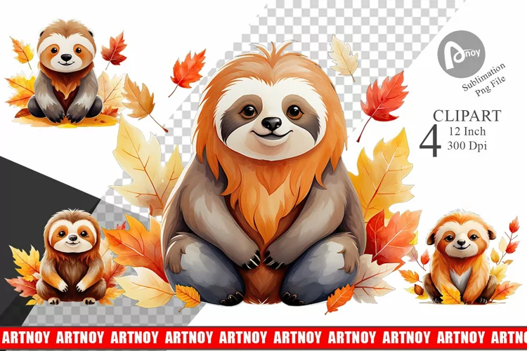 Autumn Sloth Watercolor Clipart