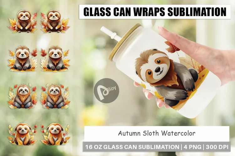 Glass Can Wraps Autumn Sloth Watercolor