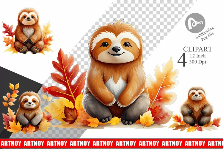 Autumn Sloth Watercolor Clipart