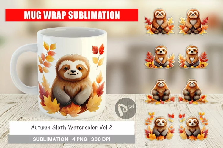 Mug Wrap Design Autumn Sloth Watercolor