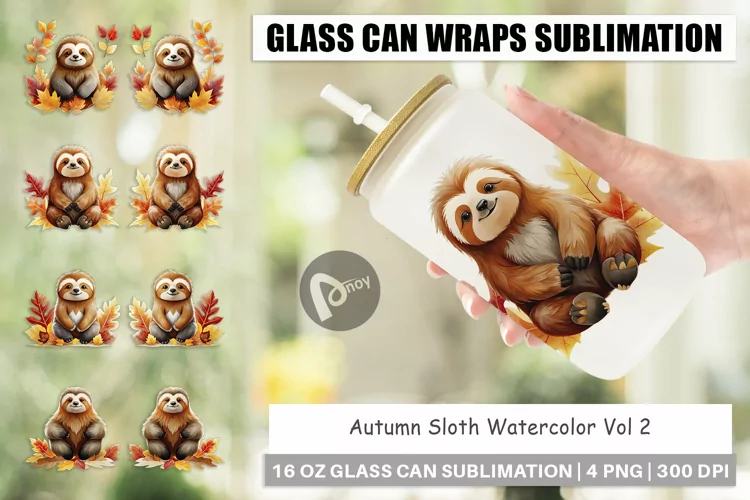 Glass Can Wraps Autumn Sloth Watercolor