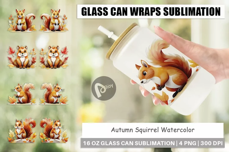 Glass Can Wraps Autumn Squirrel Watercolor