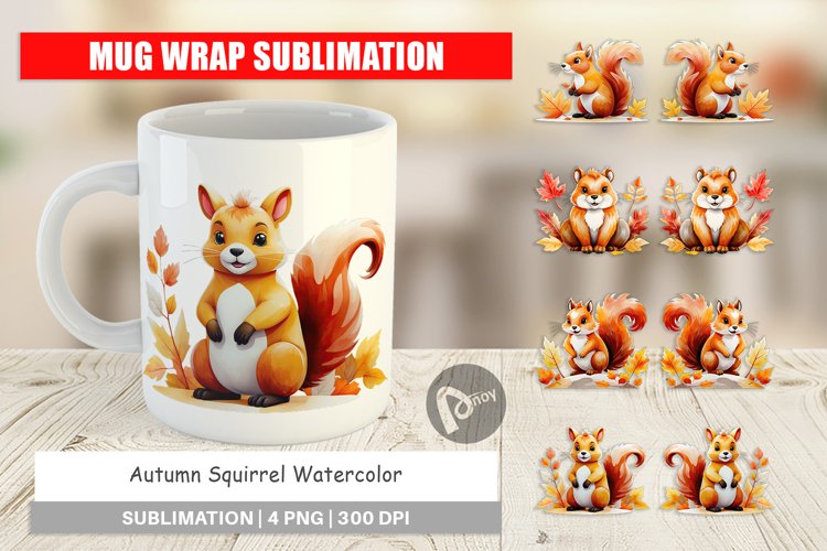 Mug Wrap Design Autumn Squirrel Watercolor example image 1