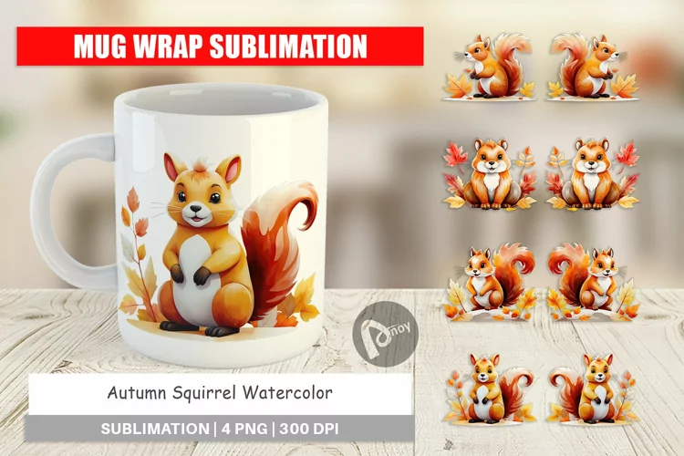 Mug Wrap Design Autumn Squirrel Watercolor