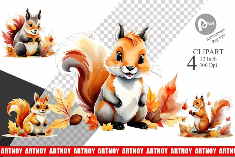 Autumn Squirrel Watercolor Clipart