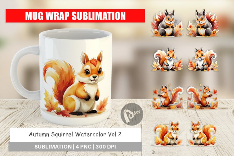 Mug Wrap Design Autumn Squirrel Watercolor example image 1