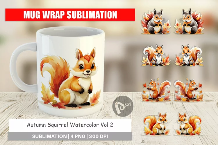 Mug Wrap Design Autumn Squirrel Watercolor