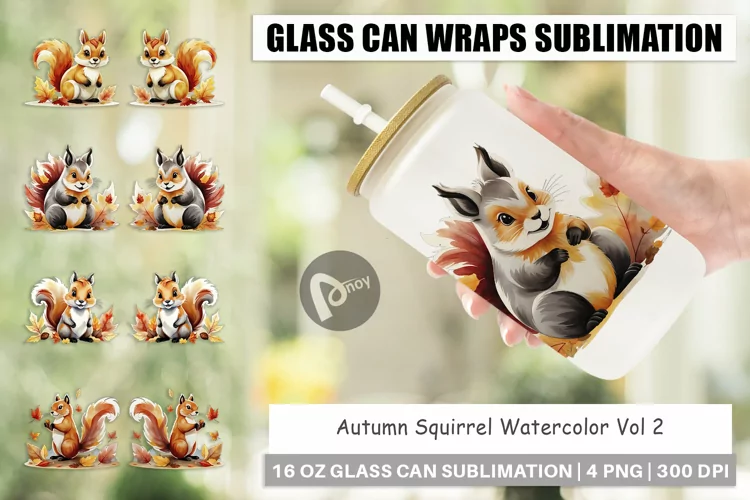 Glass Can Wraps Autumn Squirrel Watercolor