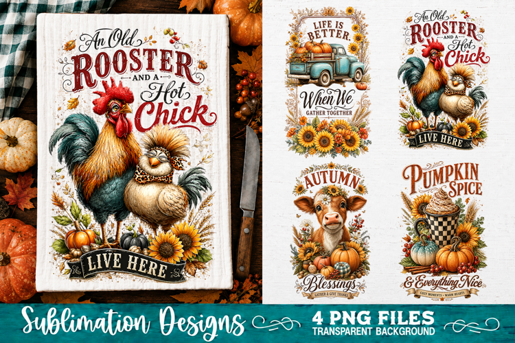 Fall Kitchen Towels PNG Sublimation Designs 4 Files