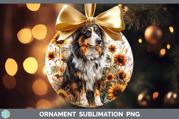 Autumn Sunflower Dog Australian Shepherd Ornament Sublimatio