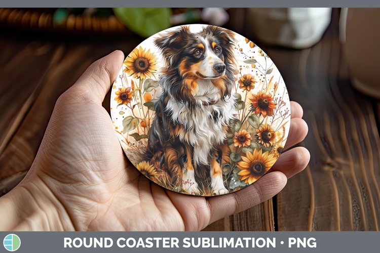 Autumn Sunflower Dog Australian Shepherd Round Coaster Subli