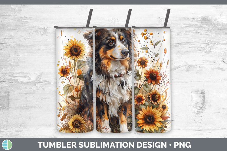 Autumn Sunflower Dog Australian Shepherd Tumbler Sublimation
