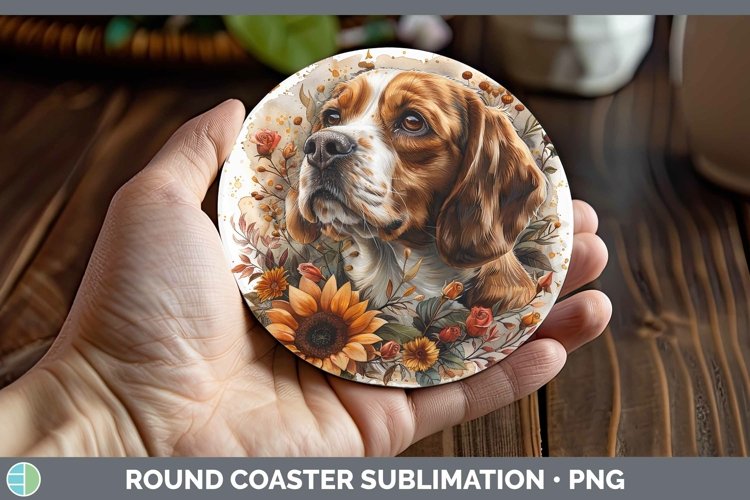 Autumn Sunflower Dog Beagle Round Coaster Sublimation Coaste