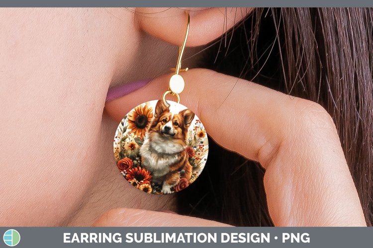 Autumn Sunflower Dog Pembrook Corgi Round Earrings Sublimati