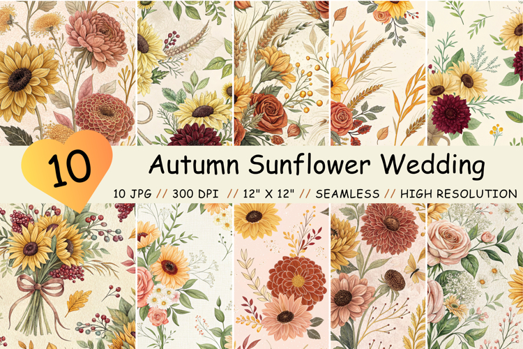 Autumn Sunflower Wedding Bouquet Digital Paper