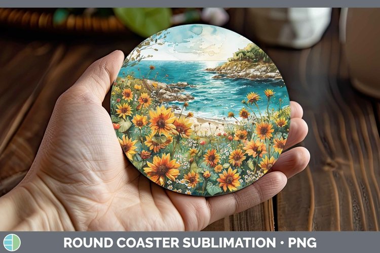 Autumn Sunflowers Beach Round Coaster Sublimation Coaster De