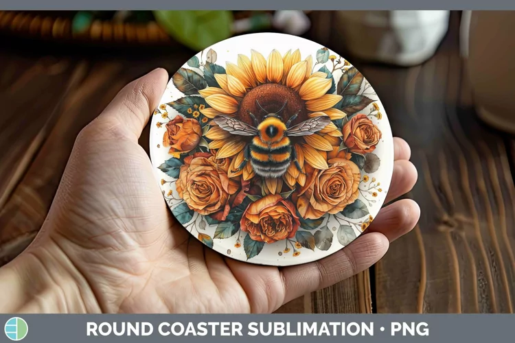 Autumn Sunflowers Bee Round Coaster Sublimation Coaster Desi