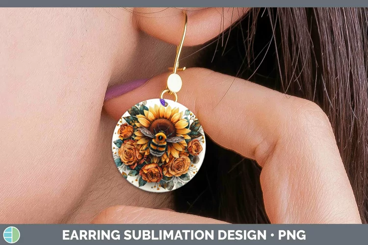 Autumn Sunflowers Bee Round Earrings Sublimation Earrings De