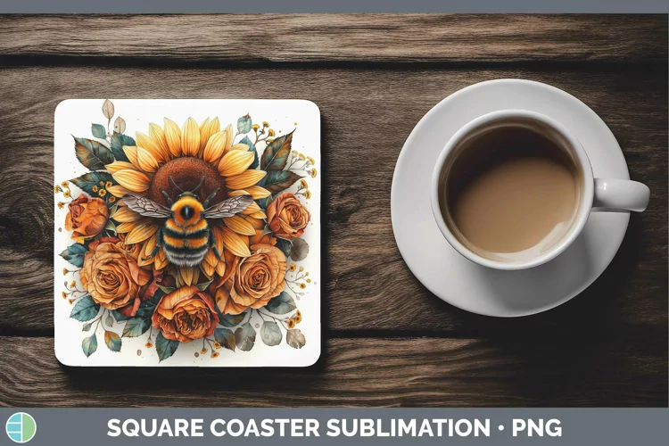 Autumn Sunflowers Bee Square Coaster Sublimation Coaster Des